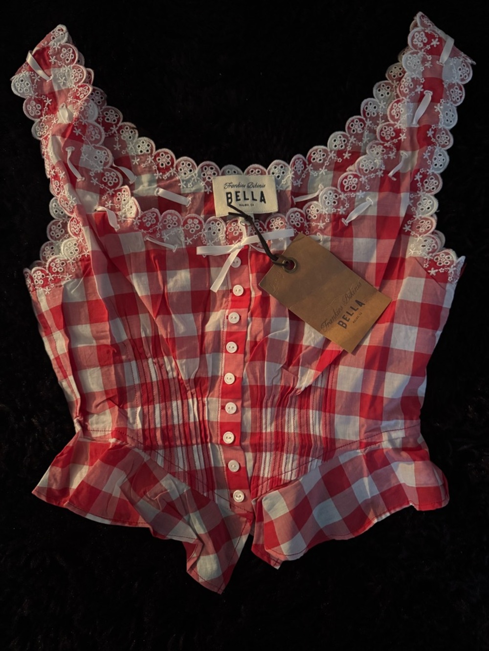 Frankie's Bikinis Red and White Gingham Lace-Trim Tank Top Bella Hadid